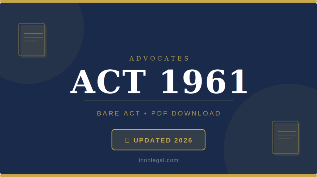 Professional legal featured image banner for the Advocates Act 1961. The graphic displays a premium dark blue background with an elegant gold scales of justice icon, featuring clean white and gold typography that reads "The Advocates Act, 1961: Complete Overview & Key Amendments" alongside the Innnlegal brand watermark.