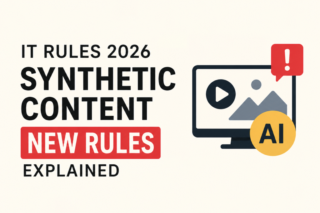 IT Rules 2026 synthetic content regulations explained, featuring AI-generated content, digital media labeling, and new compliance requirements under India's Information Technology Rules.
