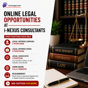 Online legal internship and legal associate job opportunities at i-Nexus Consultants – remote positions for law students including paid and unpaid internships