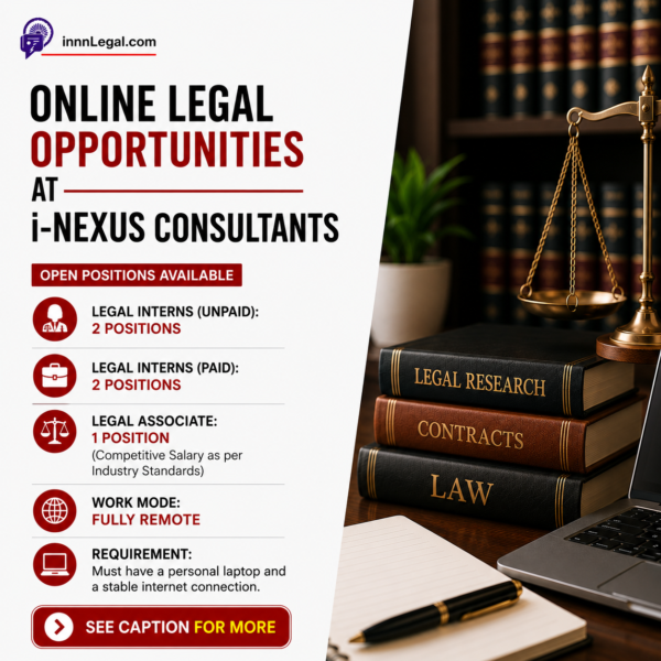 Online legal internship and legal associate job opportunities at i-Nexus Consultants – remote positions for law students including paid and unpaid internships