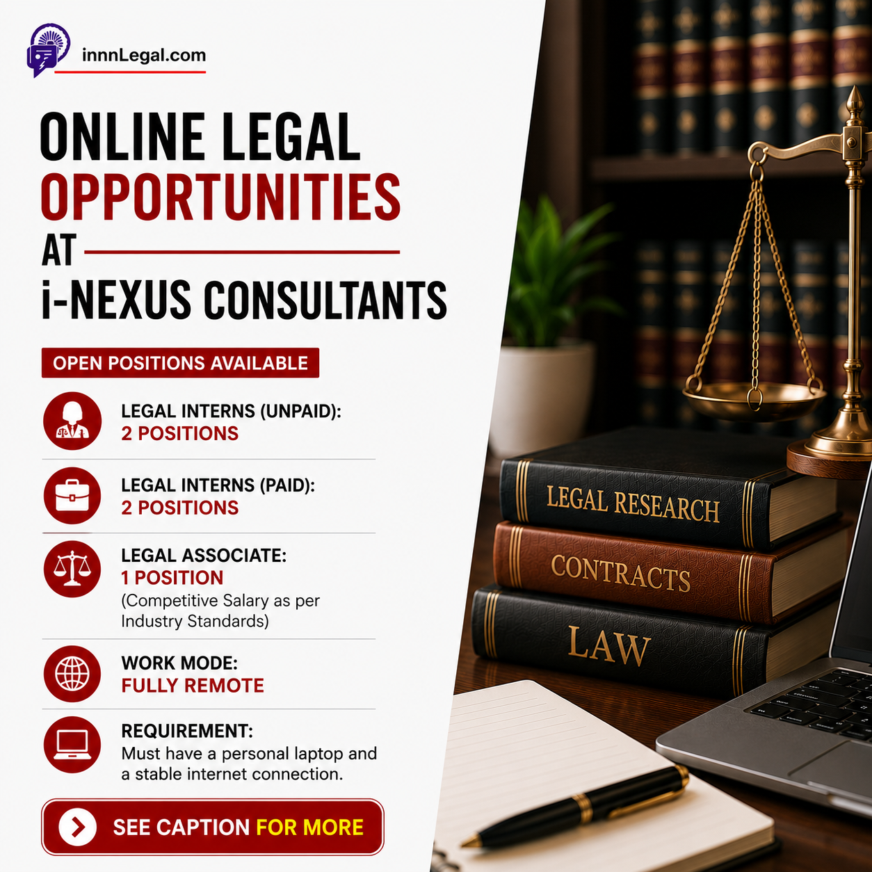 Online legal internship and legal associate job opportunities at i-Nexus Consultants – remote positions for law students including paid and unpaid internships
