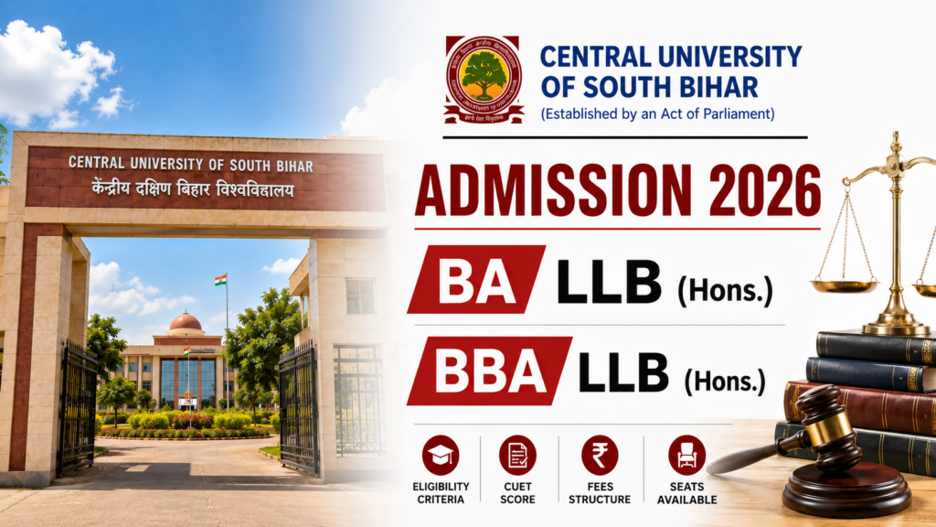 Central University of South Bihar (CUSB) campus gate with admission 2026 notice for BA LLB Hons and BBA LLB Hons programmes — eligibility criteria, CUET score, fees structure, and seats available