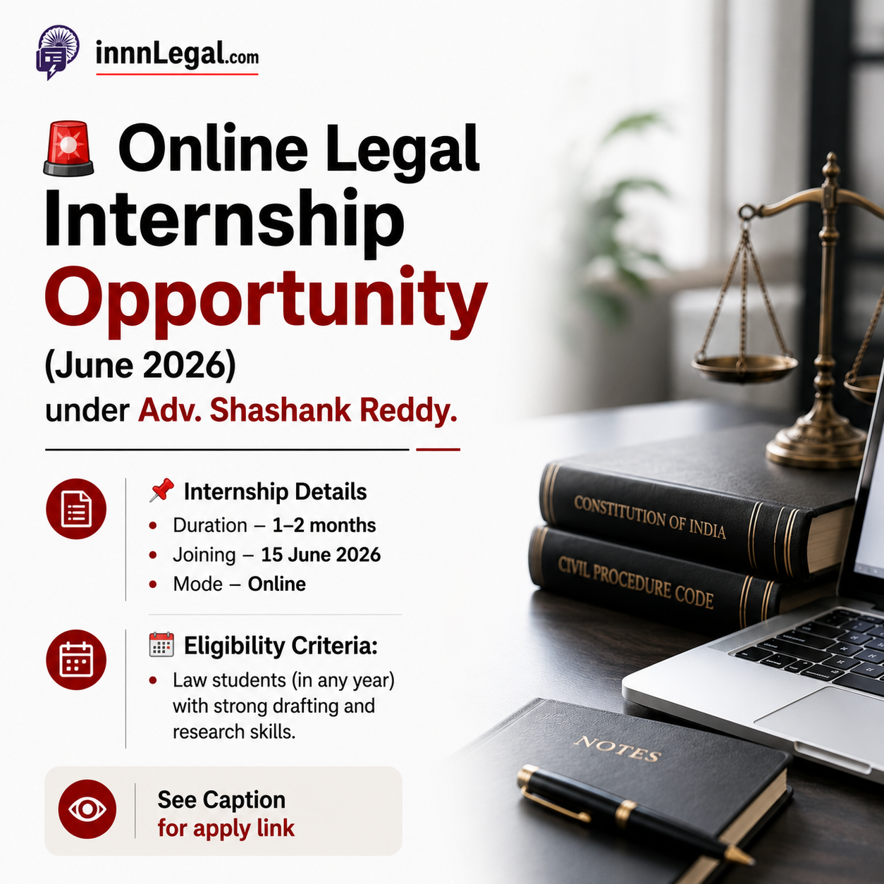 Online Legal Internship Opportunity June 2026 under Adv. Shashank Reddy