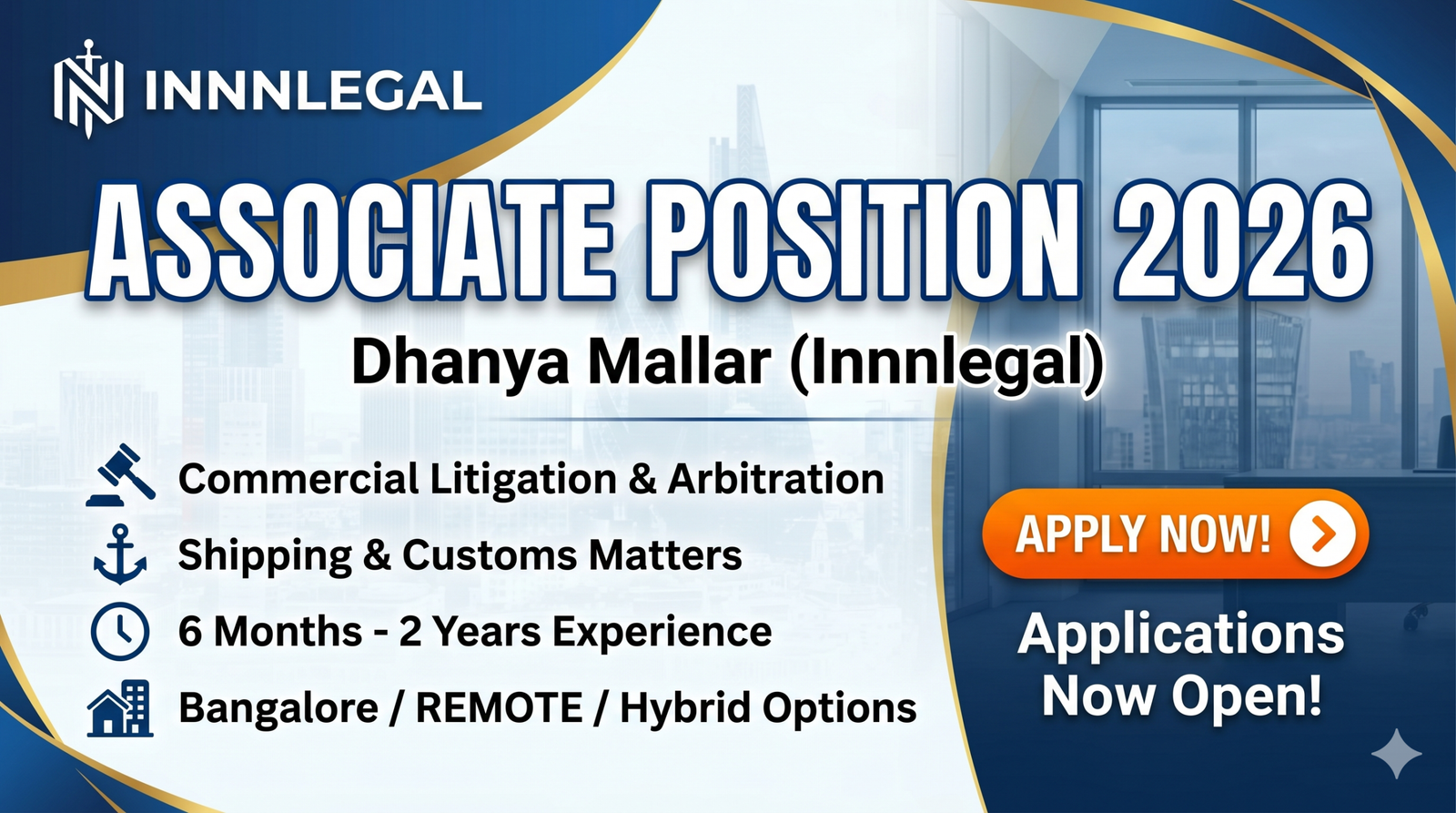 ob alert for Associate Position 2026 at Dhanya Mallar featuring commercial litigation and arbitration roles with remote options.
