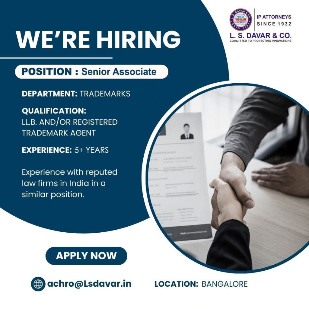 Senior Trademarks Associate at L.S. Davar & Co in Banglore